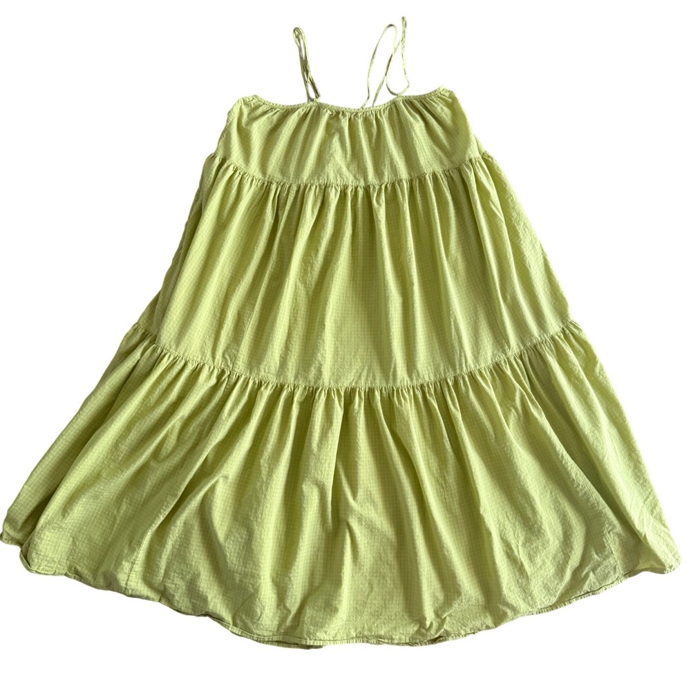 Everlane Billow Midi Dress Chartreuse Green Gingham Tiered Cotton Strappy Medium - Picture 2 of 6